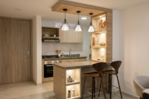 Cocina lineal con barra